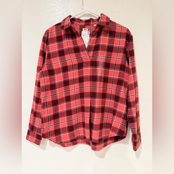 Uniqlo Tops - Uniqlo Red Flannel Checkered Skipper Collar Long Sleeve shirt Womens Top size XS